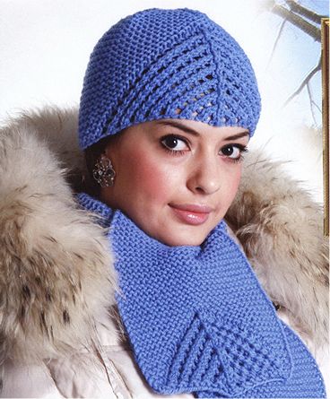 hat and blue scarf with an openwork pattern in the center