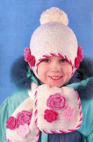 white hat and scarf with pink flowers